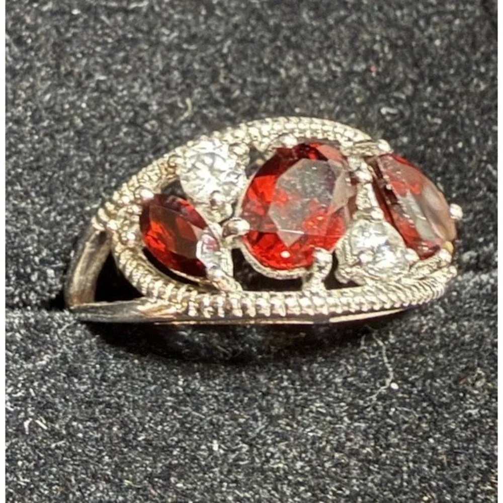 925 Garnet White Zircon Ring Size 7 Cocktail Accent Sterling Silver Vintage Look